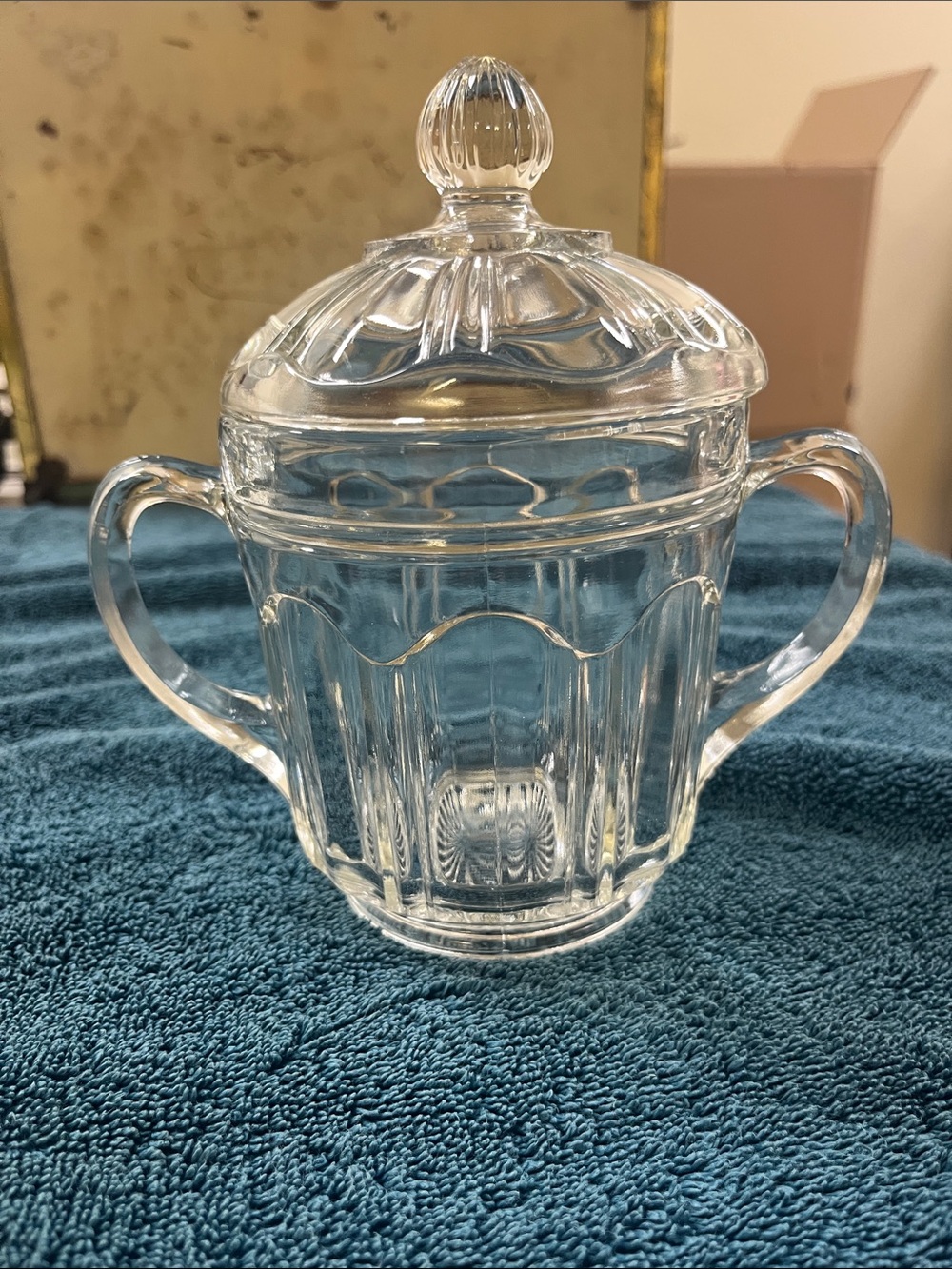 Vintage double handled glass sugar dish with cover
